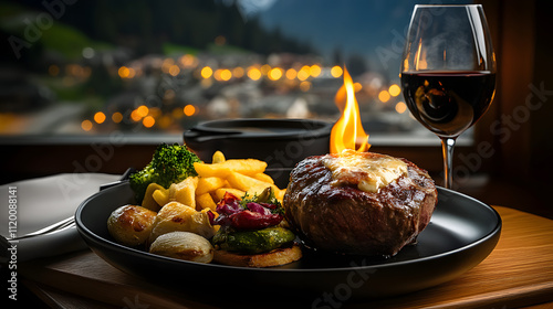 Fototapeta Naklejka Na Ścianę i Meble -  Flammiertes Steak mit Beilagen und Wein vor alpiner Abendkulisse