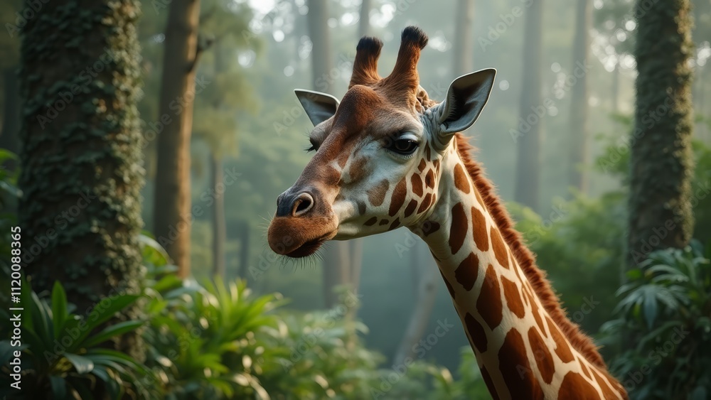 A giraffe standing in the middle of a lush green forest A giraffe standing in the middle of a lush green forest