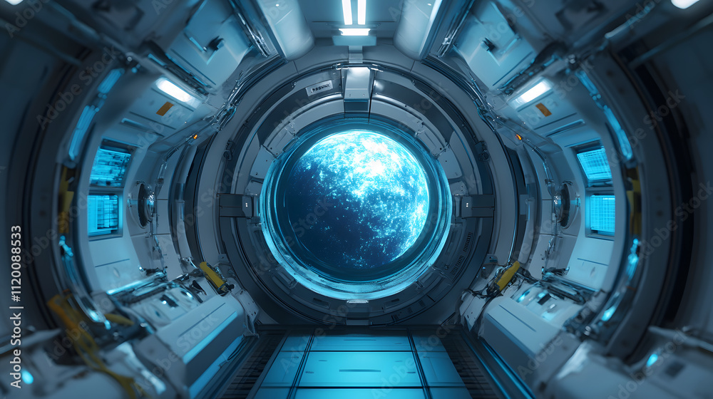 futuristic spacecraft interior with large circular window showcasing glowing blue planet in space. sleek design and advanced technology create sense of wonder and exploration futuristic spacecraft interior with large circular window showcasing glowing blue planet in space. sleek design and advanced technology create sense of wonder and exploration