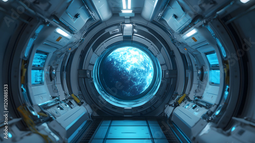 futuristic spacecraft interior with large circular window showcasing glowing blue planet in space. sleek design and advanced technology create sense of wonder and exploration