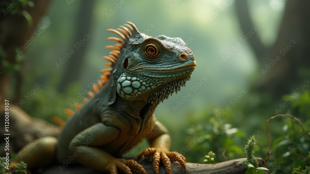 A green iguana sitting on a tree branch in the jungle A green iguana sitting on a tree branch in the jungle