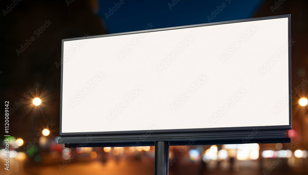 Blank Billboard at Night:  A large, blank billboard stands prominently at night, ready for your message. City lights blur softly in the background, offering a captivating urban backdrop. 