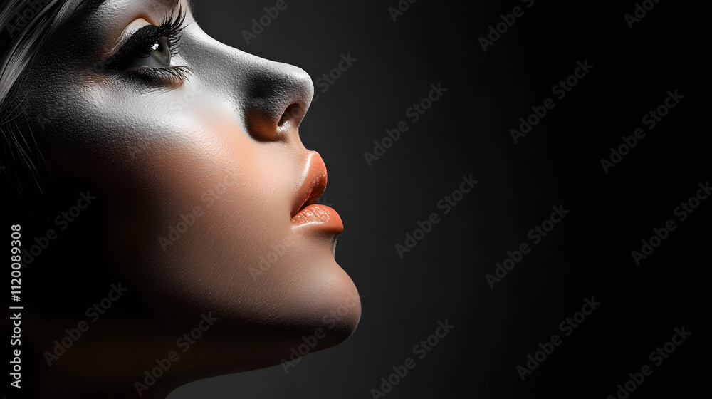 Elegantes Profil einer Frau mit futuristischem Make-up in dramatischem Licht Elegantes Profil einer Frau mit futuristischem Make-up in dramatischem Licht