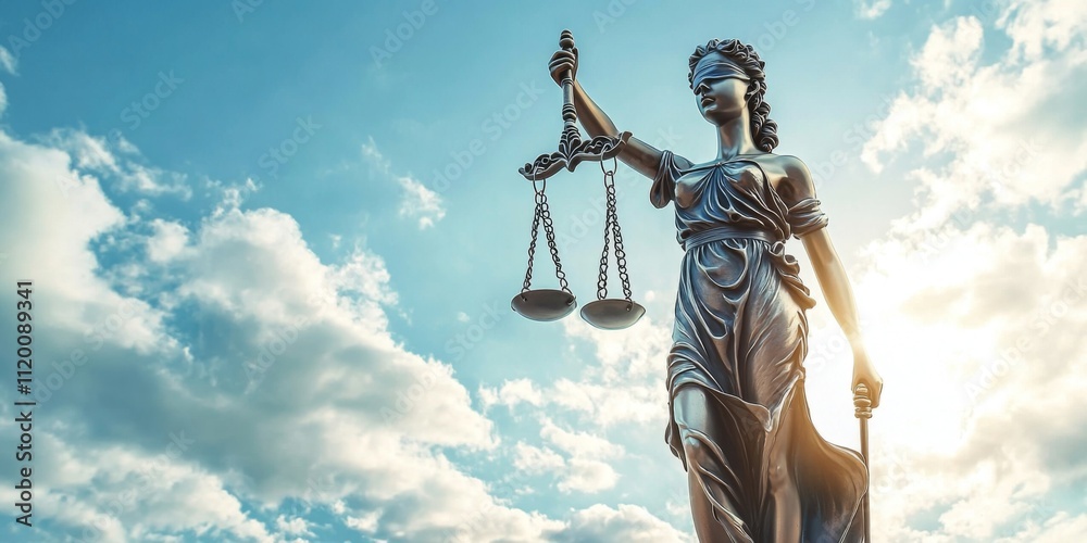Naklejka premium Lady Justice Statue Against a Bright Blue Sky: Symbol of Law, Equality, and Justice