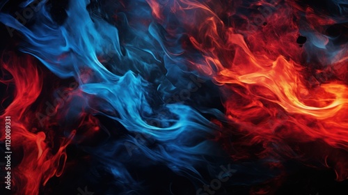 Intense red and blue flames merging and swirling together against a deep black background, creating a dramatic
