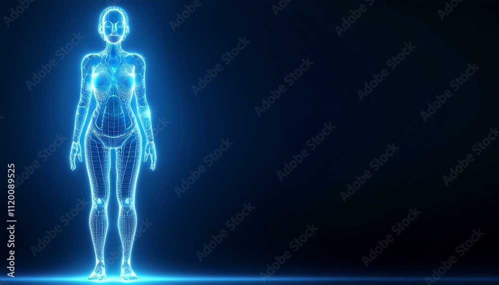 Cybernetic Female Anatomy: Glowing digital rendering of a female figure, showcasing intricate anatomical details in a futuristic, ethereal style. Ideal for sci-fi, tech, and medical projects. Cybernetic Female Anatomy: Glowing digital rendering of a female figure, showcasing intricate anatomical details in a futuristic, ethereal style. Ideal for sci-fi, tech, and medical projects.