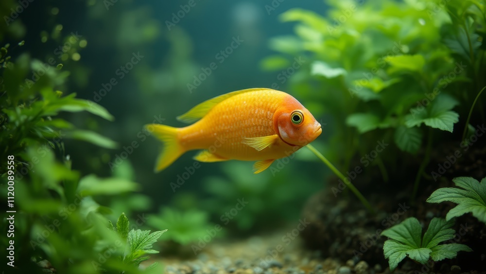 A small yellow fish swimming in an aquarium filled with plants A small yellow fish swimming in an aquarium filled with plants