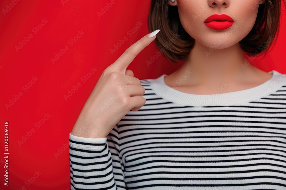 Attractive woman holds finger up unsure about buying shirt. Attractive woman holds finger up unsure about buying shirt.