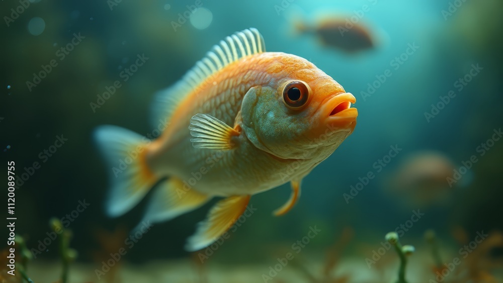 A goldfish swimming in an aquarium with other fish in the background A goldfish swimming in an aquarium with other fish in the background
