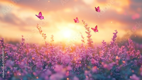 A field of lavender flowers at sunset with butterflies flying.