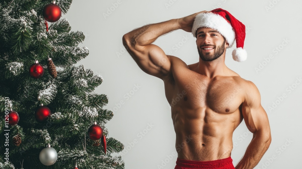 Happy attractive athletic man with naked torso and muscles posing in santa claus clothing elements near Christmas tree on white background . High quality photo