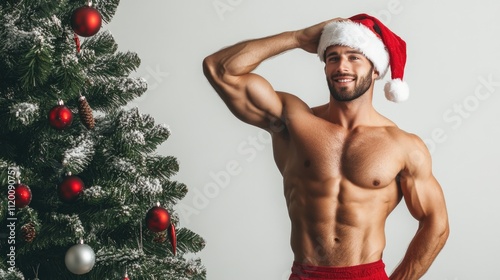 Obraz na płótnie Happy attractive athletic man with naked torso and muscles posing in santa claus clothing elements near Christmas tree on white background . High quality photo w salonie