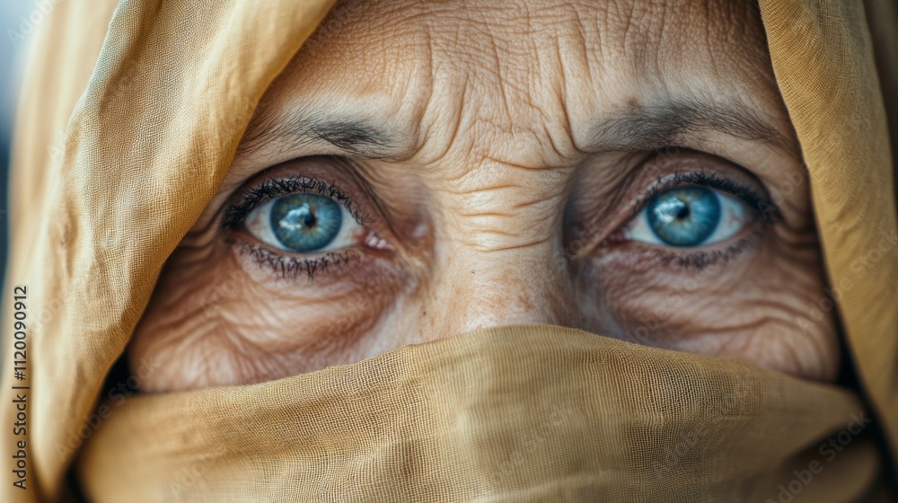 muslim woman with blue eyes and wrinkles looking at camera wearing traditional hijab muslim woman with blue eyes and wrinkles looking at camera wearing traditional hijab