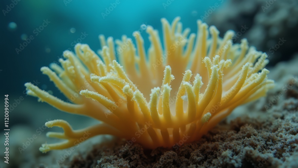 A yellow sea anemone on a coral reef A yellow sea anemone on a coral reef