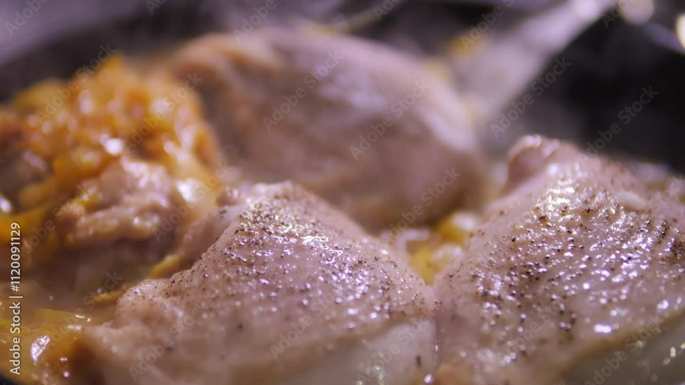 Chicken dish is cooked in a pan with vegetables and onions. Steaming hot dinner. Chicken dish is cooked in a pan with vegetables and onions. Steaming hot dinner.