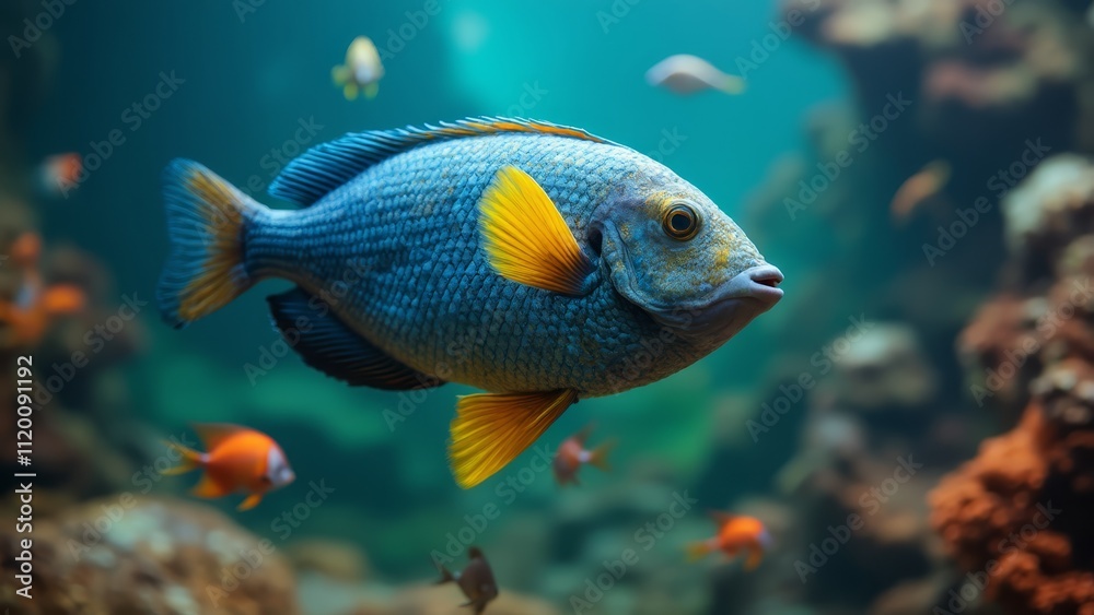 A blue and yellow fish swimming in an aquarium A blue and yellow fish swimming in an aquarium