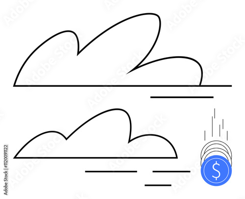 Two outlined clouds with coins dropping from the sky. Ideal for finance, weather, economic growth, investments, savings, digital currency, and business forecasting. Line metaphor