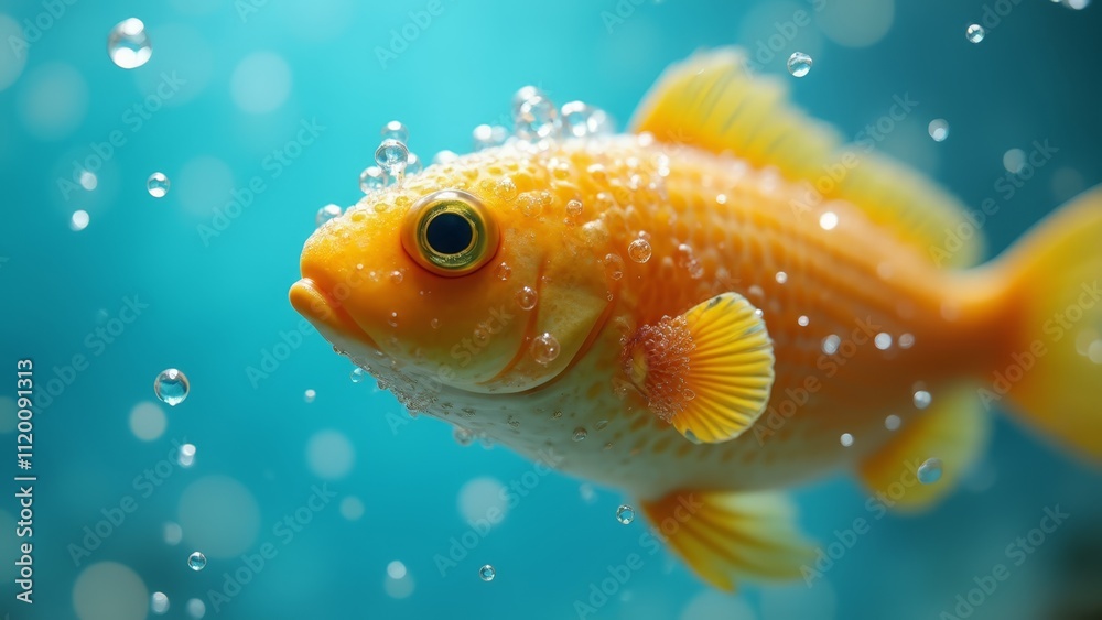 A goldfish swimming in the water with bubbles A goldfish swimming in the water with bubbles