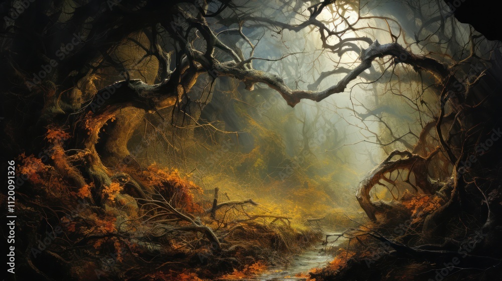 Spooky woodland scene with gnarled branches, shrouded in a thick, swirling mist, illuminated by dim Spooky woodland scene with gnarled branches, shrouded in a thick, swirling mist, illuminated by dim