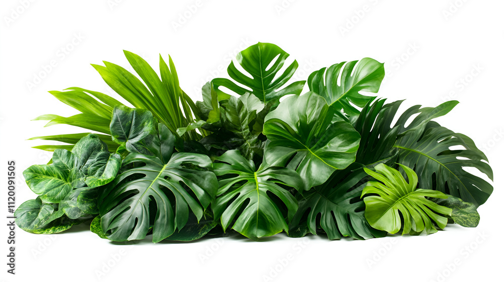 Lush green tropical plants bush (monstera, palm, rubber plant, pine and fern) floral arrangement on white