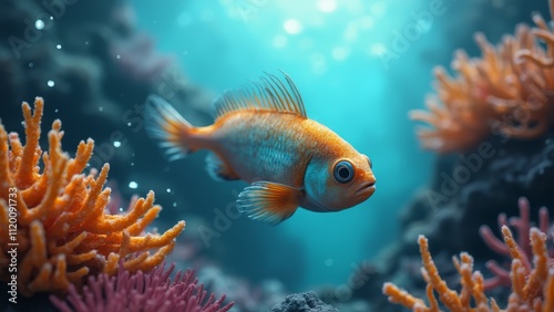 A small orange fish swimming in the ocean near a coral reef