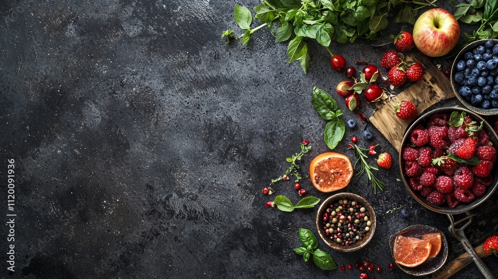Assorted berries and fresh herbs on a rustic dark background Assorted berries and fresh herbs on a rustic dark background