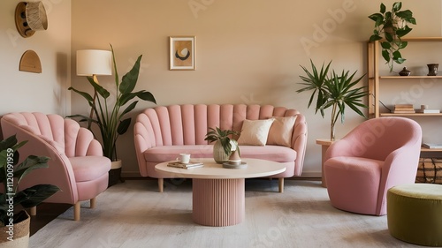 A stylish living room featuring pink scalloped furniture, lush green plants, and minimalistic decor for a cozy, modern ambiance