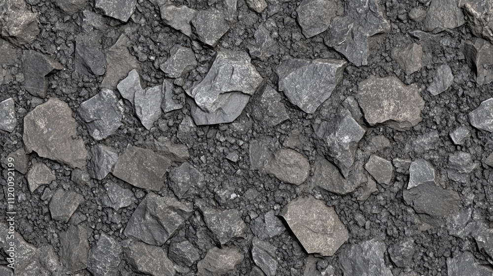 Close-up of dark gray stones and asphalt texture.