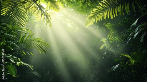 A tropical rainforest canopy with sunlight filtering through mist, showcasing largescale transpiration