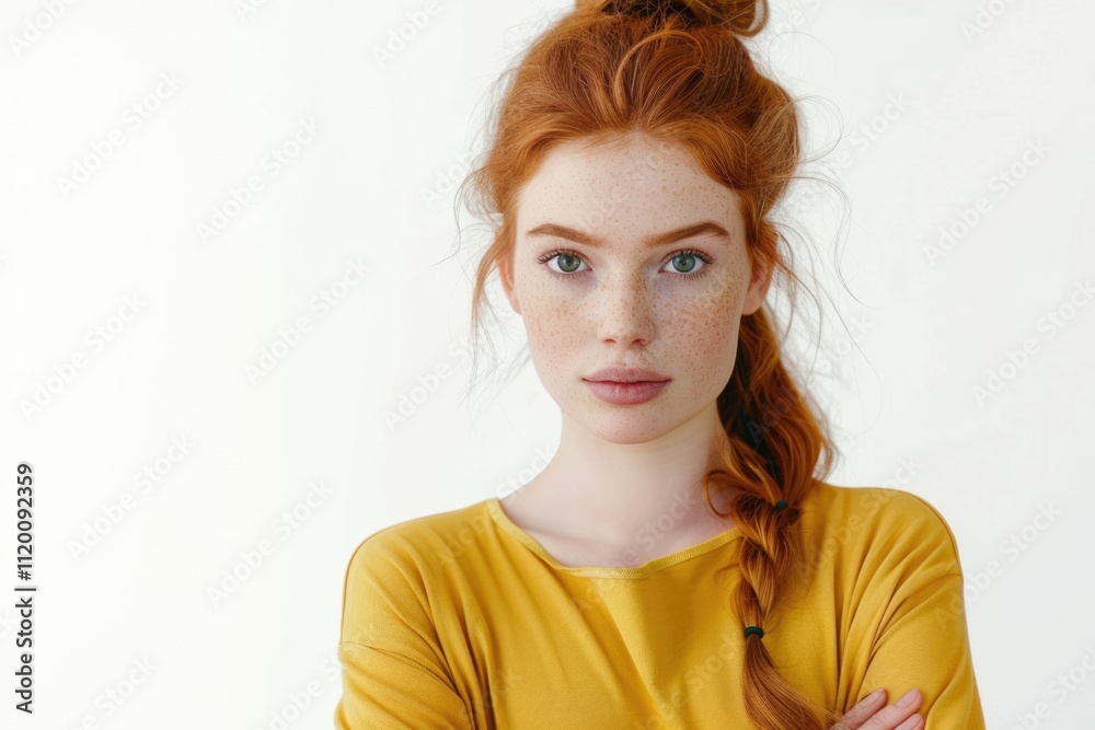 Confident red haired woman in yellow clothes poses for headshot. Confident red haired woman in yellow clothes poses for headshot.