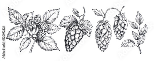 Hand-drawn hops and wheat illustrations, isolated on white.