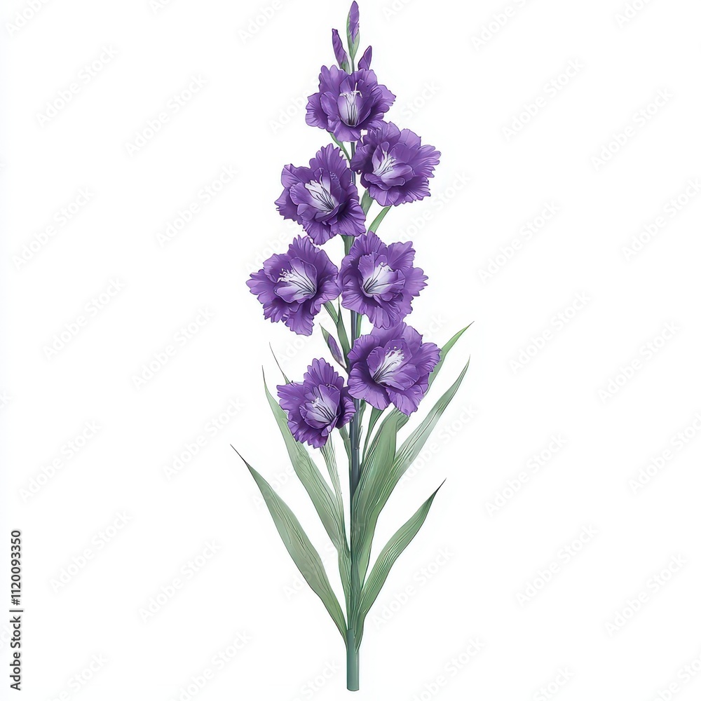 Obraz premium A tall purple flower with multiple blooms and green leaves, showcasing vibrant petals and a graceful stem.