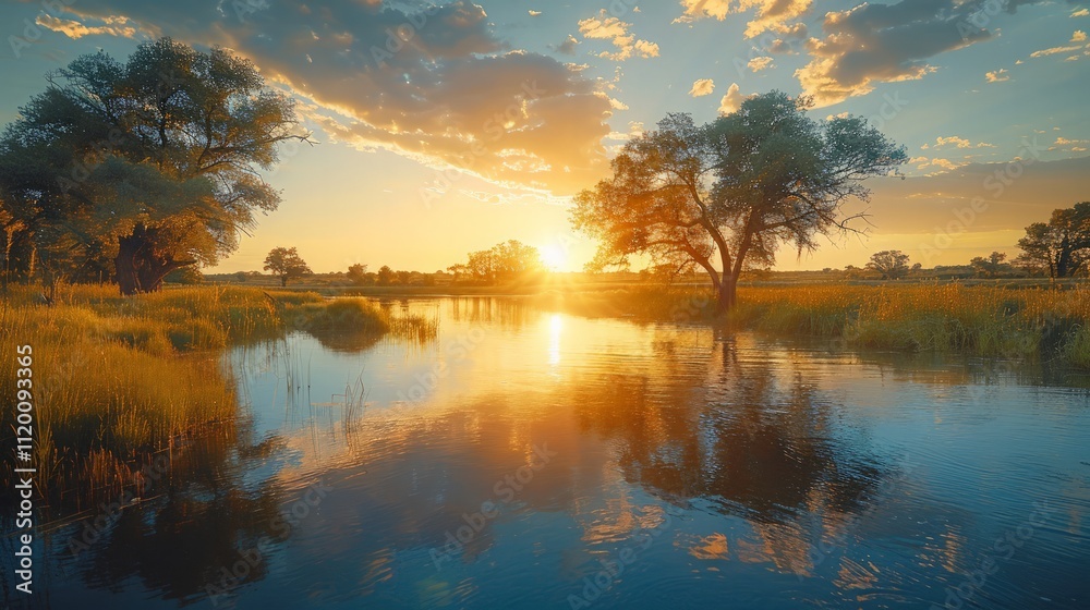 Fototapeta premium Sunset reflection over tranquil riverbank nature landscape evening serenity peaceful environment captivating viewpoint