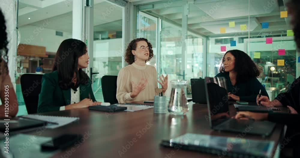 Business, women and meeting at boardroom for strategy with teamwork and collaboration as journalist. People, employees and discussion for news publication deadline, brainstorming or ideas for article