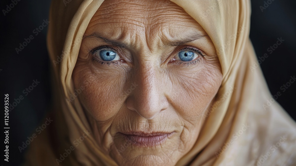 muslim woman with blue eyes and wrinkles looking at camera wearing traditional hijab muslim woman with blue eyes and wrinkles looking at camera wearing traditional hijab