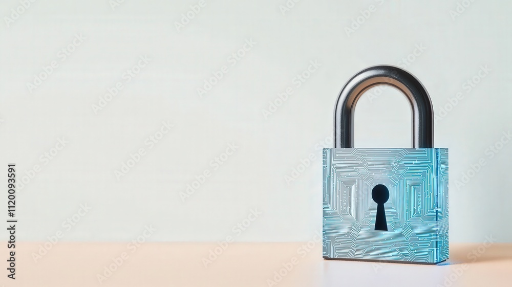Fototapeta premium protect prevention policy concept. Transparent blue padlock on a light surface against a soft background.