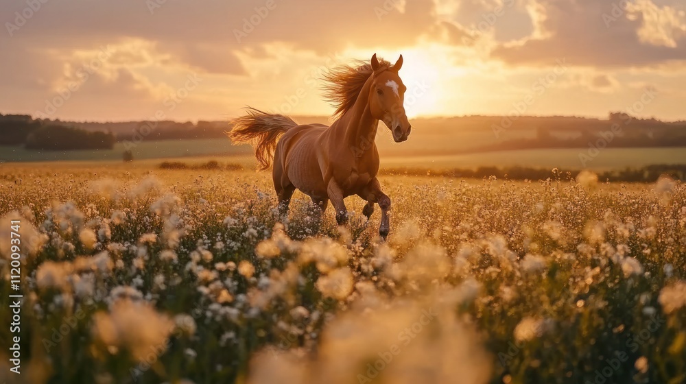 A chestnut horse gallops through a field of wildflowers at sunset, its mane and tail flowing in the wind. A chestnut horse gallops through a field of wildflowers at sunset, its mane and tail flowing in the wind.
