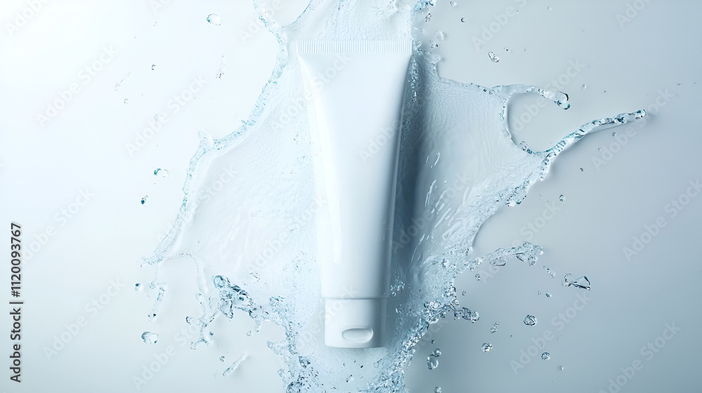 white cosmetic tube for face cream, hand cream, body lotion or face cleanser on white background with water. Moisturizing cosmetic product concept. Copy space white cosmetic tube for face cream, hand cream, body lotion or face cleanser on white background with water. Moisturizing cosmetic product concept. Copy space