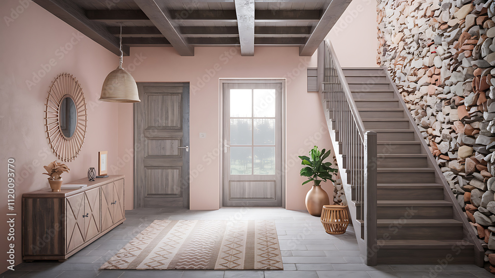interior design mockup Wooden staircase and stone cladding wall in rustic hallway Cozy home interior design of modern entrance hall with door Created with generative AI Neutral Blush Pale pink warm b interior design mockup Wooden staircase and stone cladding wall in rustic hallway Cozy home interior design of modern entrance hall with door Created with generative AI Neutral Blush Pale pink warm b