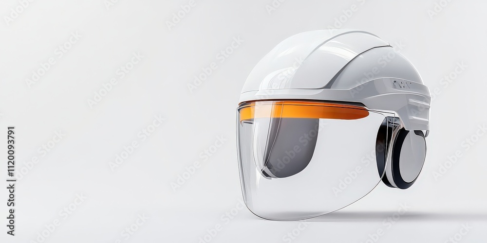 protect prevention policy concept. Protective helmet with clear visor and orange accents. protect prevention policy concept. Protective helmet with clear visor and orange accents.