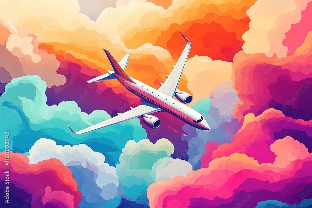 Naklejka premium Airplane soaring above vibrant, colorful clouds in sky