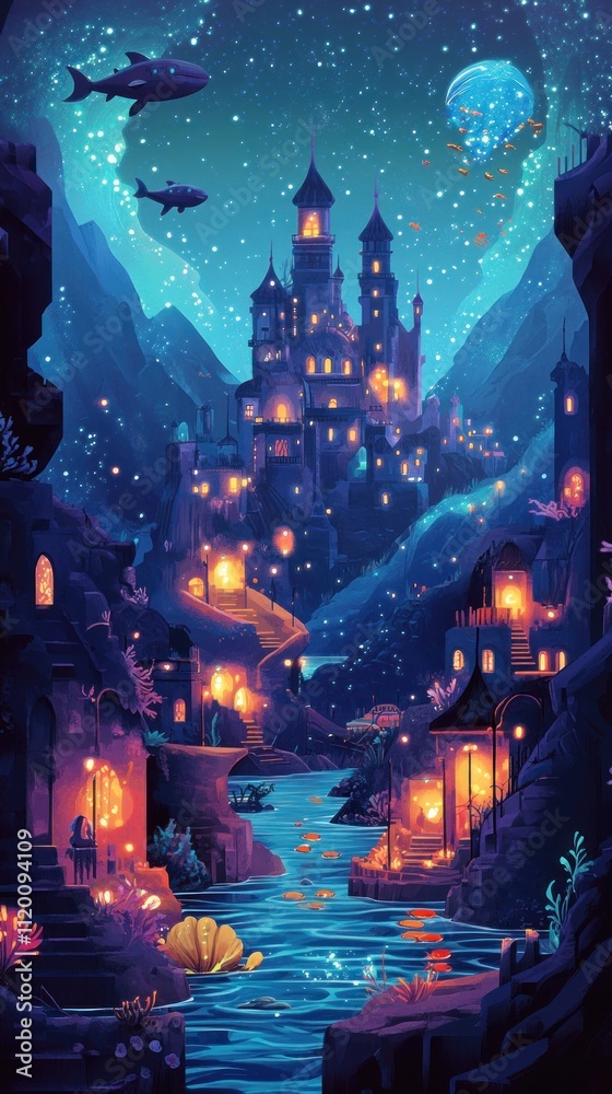 Obraz premium Enchanting Underwater Castle Town Night Scene