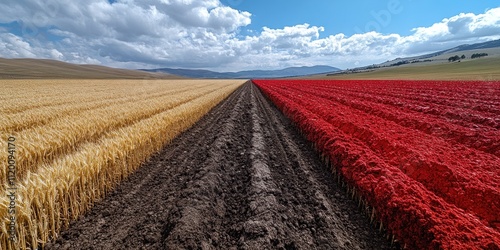 A Divided Field of Golden Wheat and Red Crop Under a Cloudy Sky photo