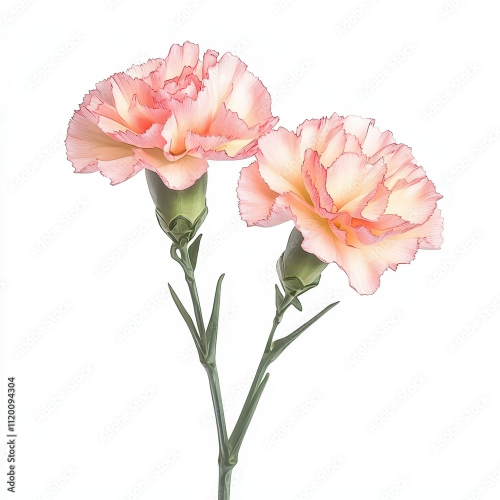 Two delicate pink and white carnations bloom gracefully, showcasing their layered petals and green stems, representing love and admiration.