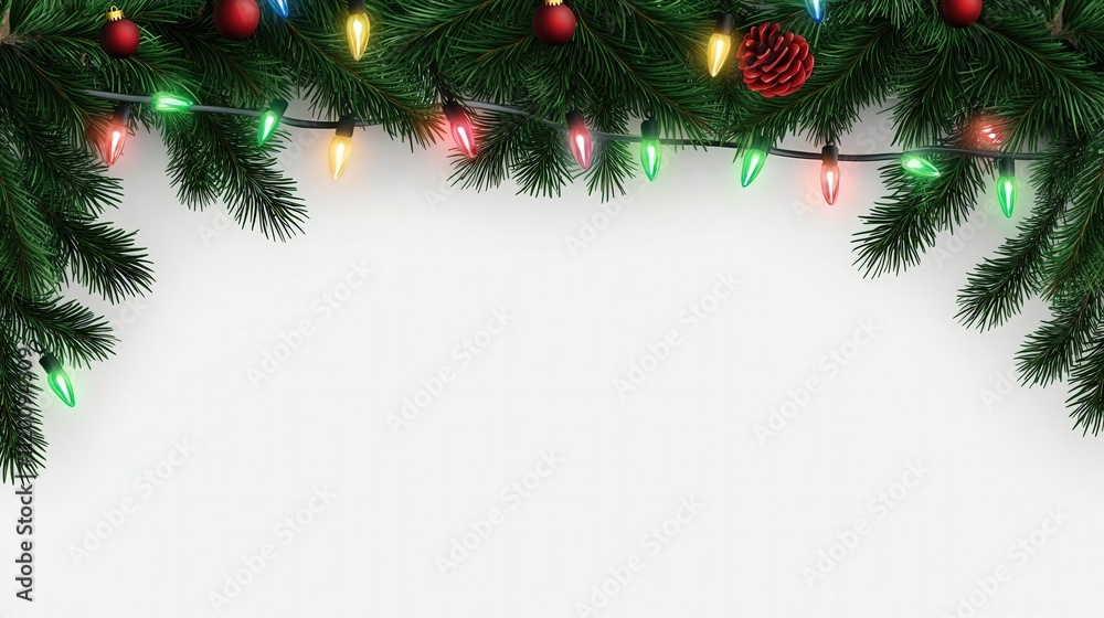 A seamless Christmas border with lush coniferous branches and a string of bright Christmas lights, set on a transparent background. A seamless Christmas border with lush coniferous branches and a string of bright Christmas lights, set on a transparent background.