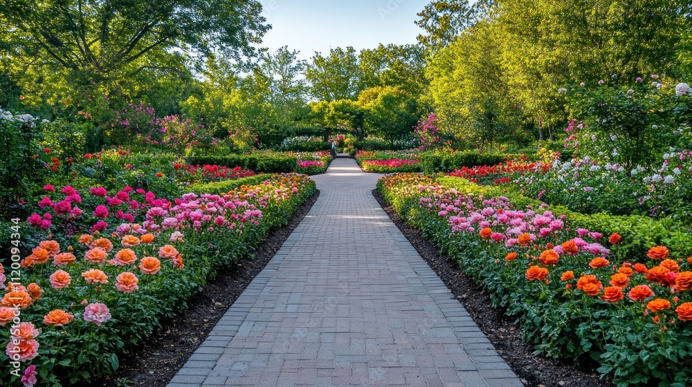 Obraz premium A brick pathway lined with vibrant pink, orange, and red flowers leads through a lush, green garden.