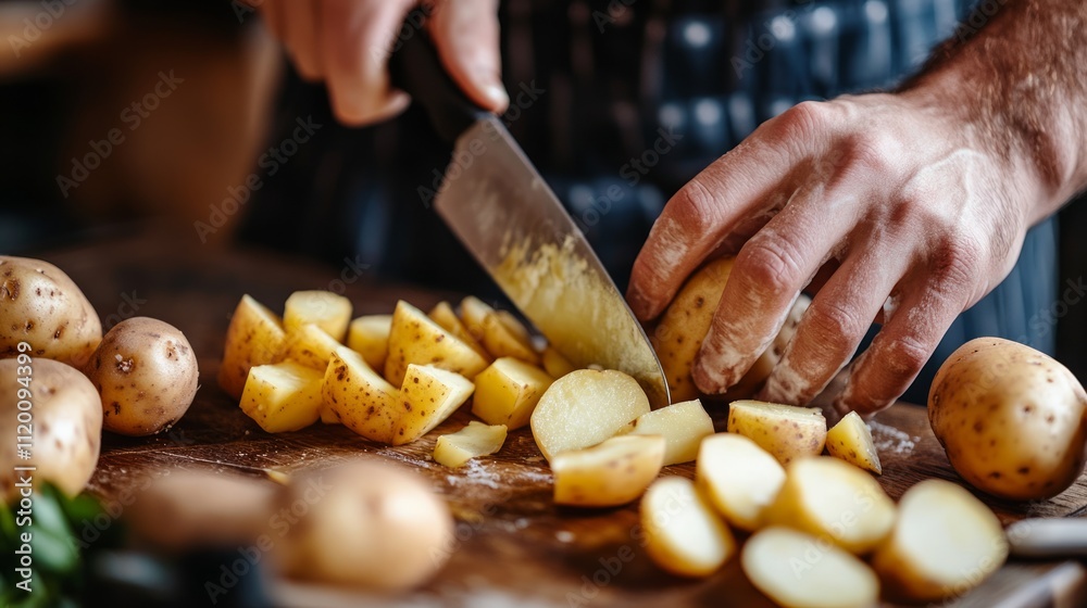 Close-up of hands chopping potatoes on wooden board. Close-up of hands chopping potatoes on wooden board.