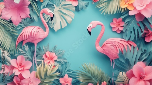 Pink Flamingos Amidst Lush Tropical Flowers and Leaves