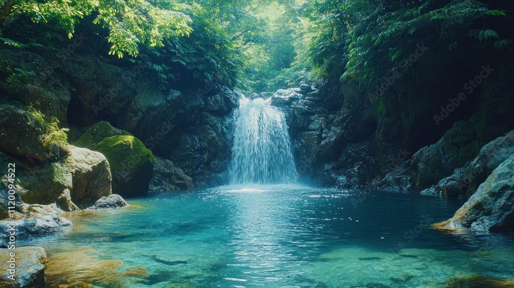 A serene waterfall cascades into a crystal-clear pool surrounded by lush greenery, creating a picturesque scene in a tropical rainforest. A serene waterfall cascades into a crystal-clear pool surrounded by lush greenery, creating a picturesque scene in a tropical rainforest.