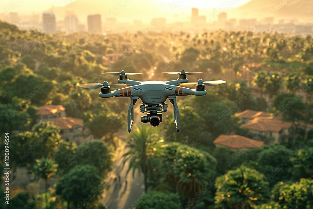 Fototapeta premium A drone flying over a lush landscape at sunset, capturing aerial views of the environment.